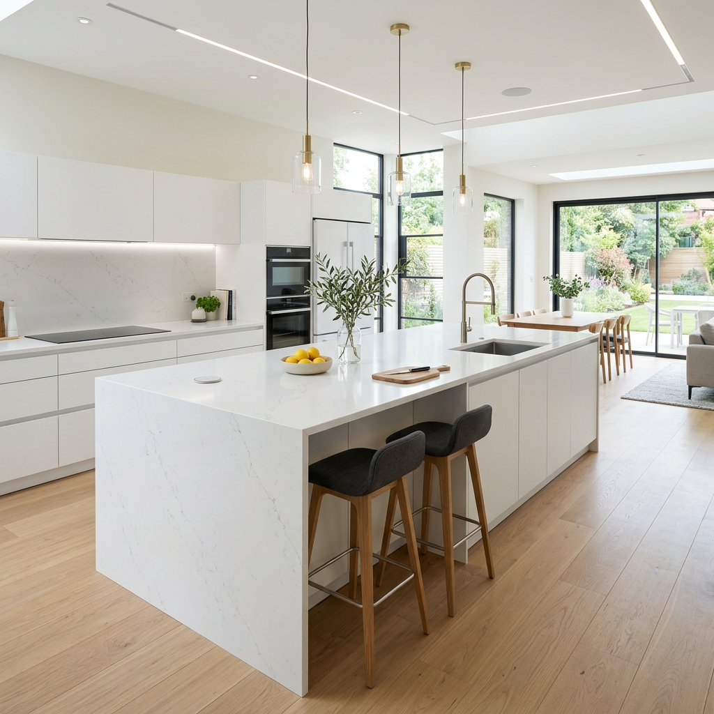 White Quartz Waterfall Island Countertop