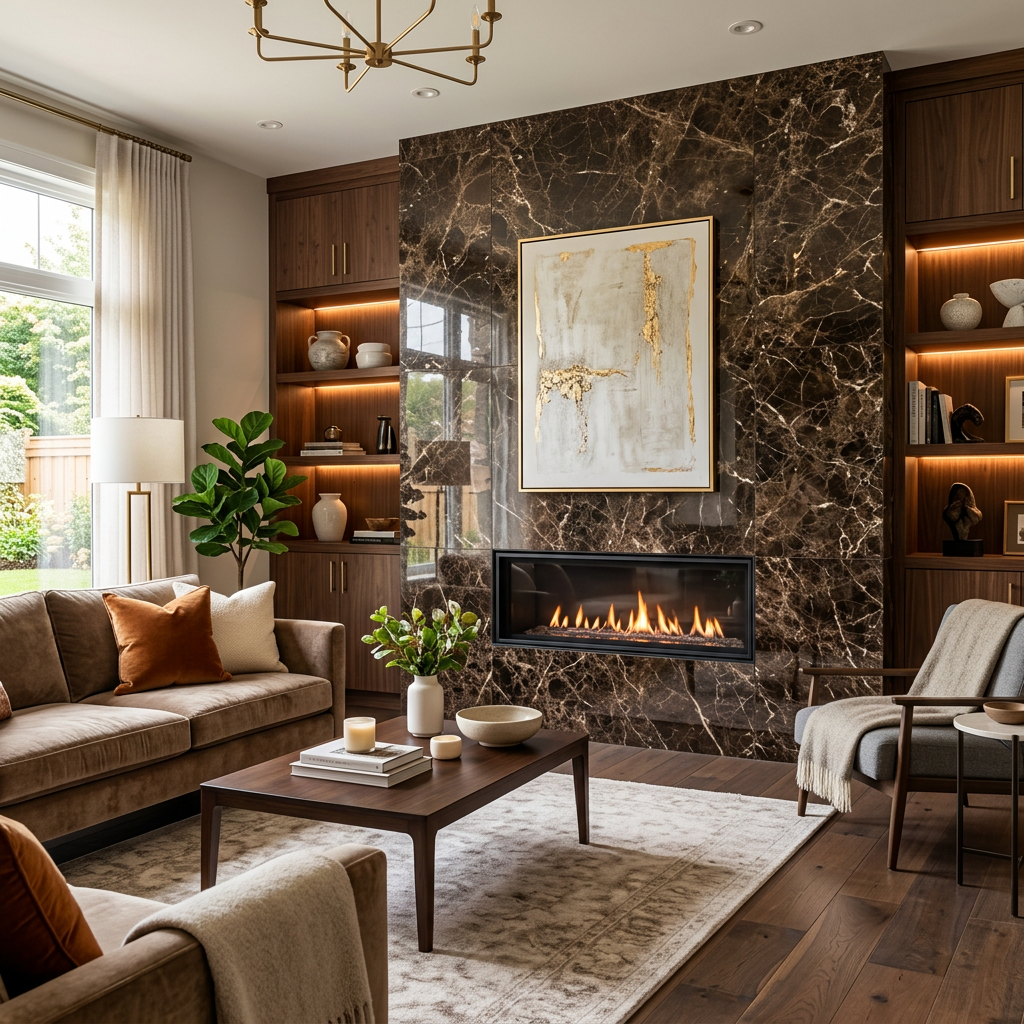 Emperador Dark Marble Fireplace Wall