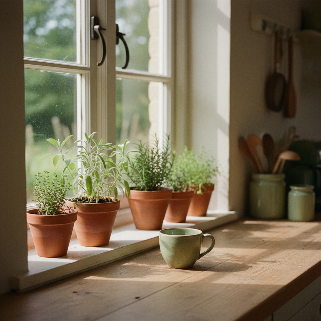 Open kitchen window — herb pots, a sage ceramic, late spring afternoon