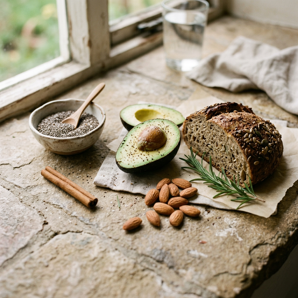 Blood sugar balancing foods — avocado, almonds, sourdough, cinnamon