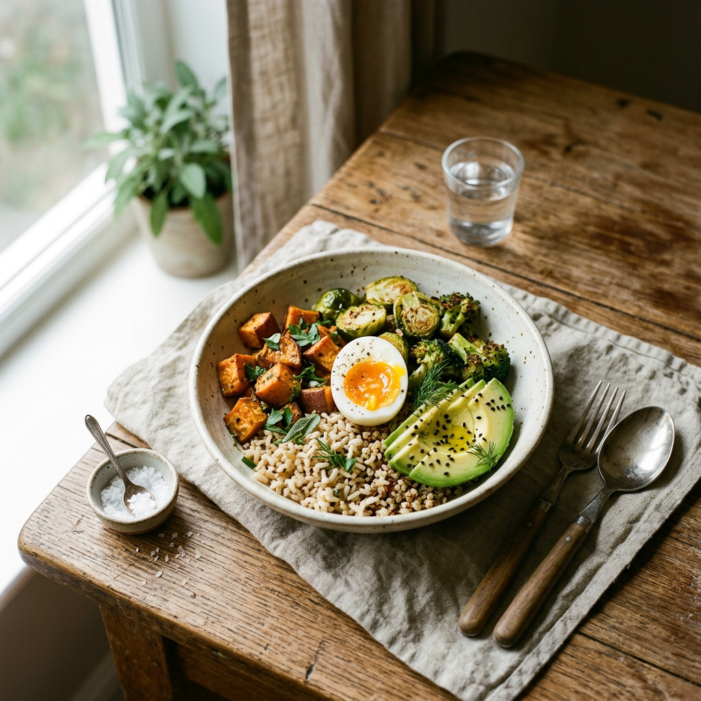 Nourishing grain bowl with eggs and vegetables — brain health nutrition