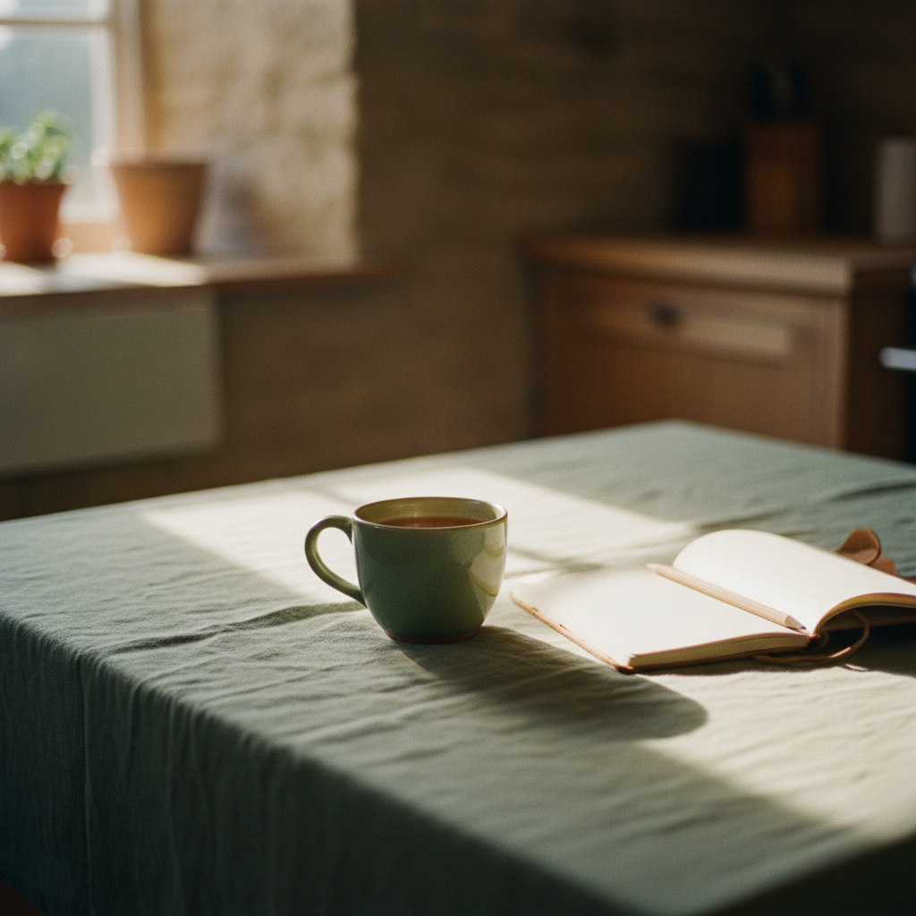 Morning window light on a linen-draped table — a cup of tea, an open notebook