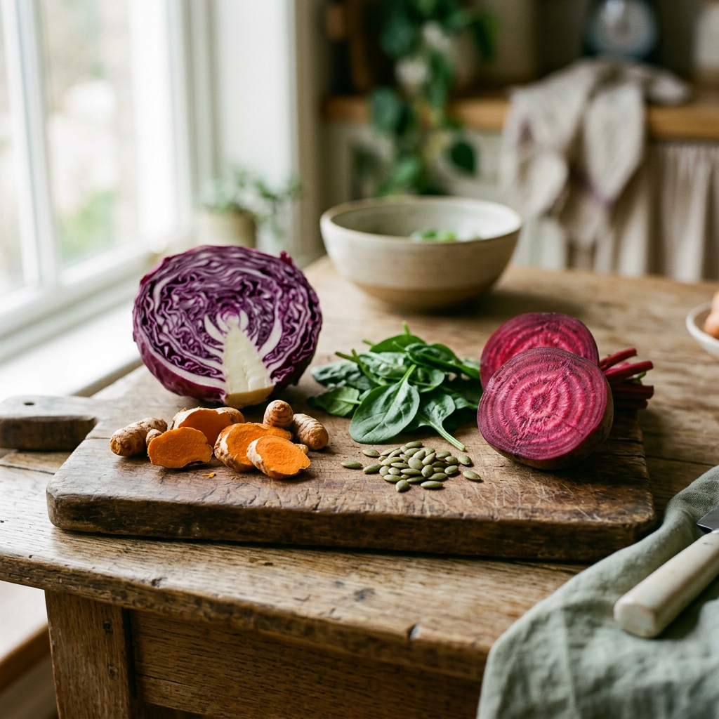Colourful anti-ageing vegetables — purple cabbage, beet, spinach, turmeric