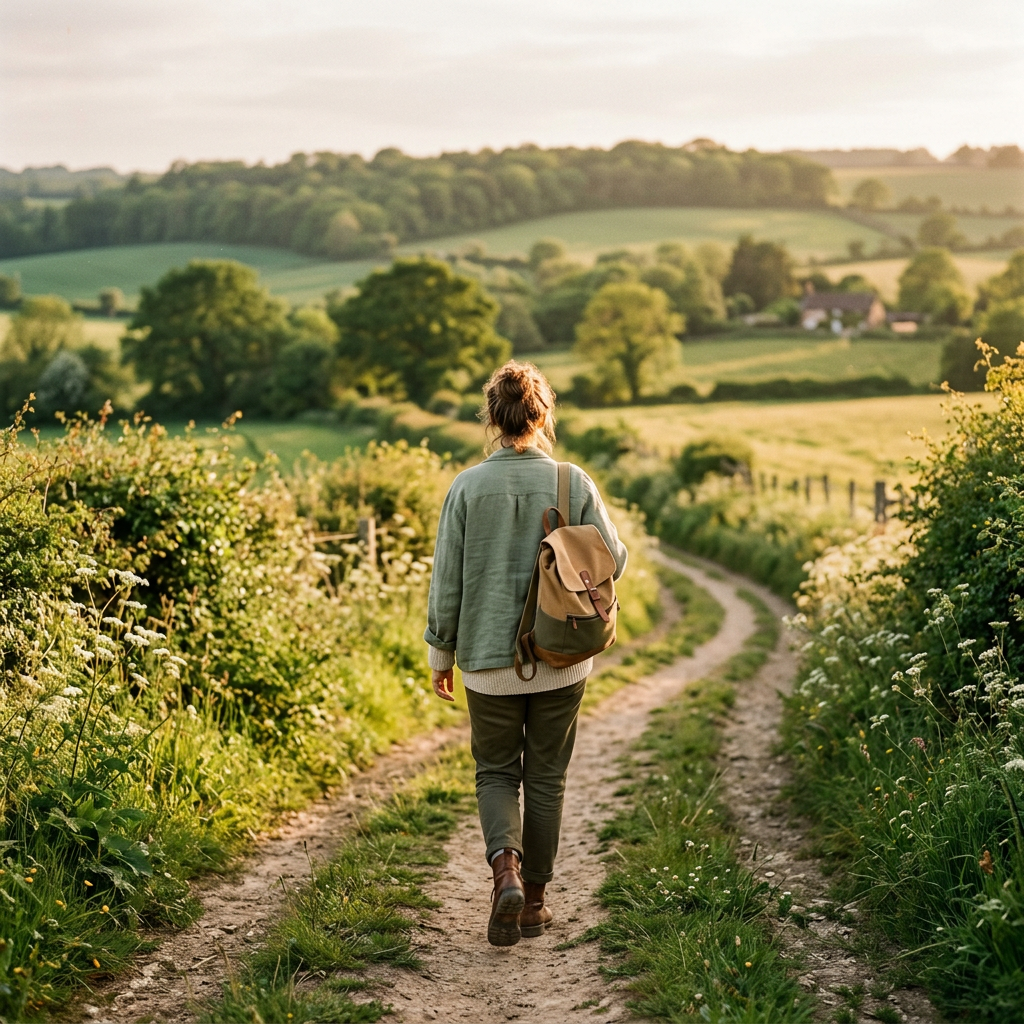 Woman seen from behind walking a sunlit English country lane at golden hour in earth-toned linen jacket