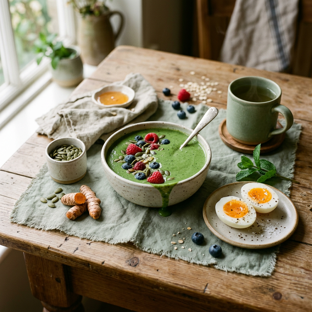 Anti-ageing breakfast flat lay — green smoothie, boiled eggs, berries, pumpkin seeds and green tea on a wooden table