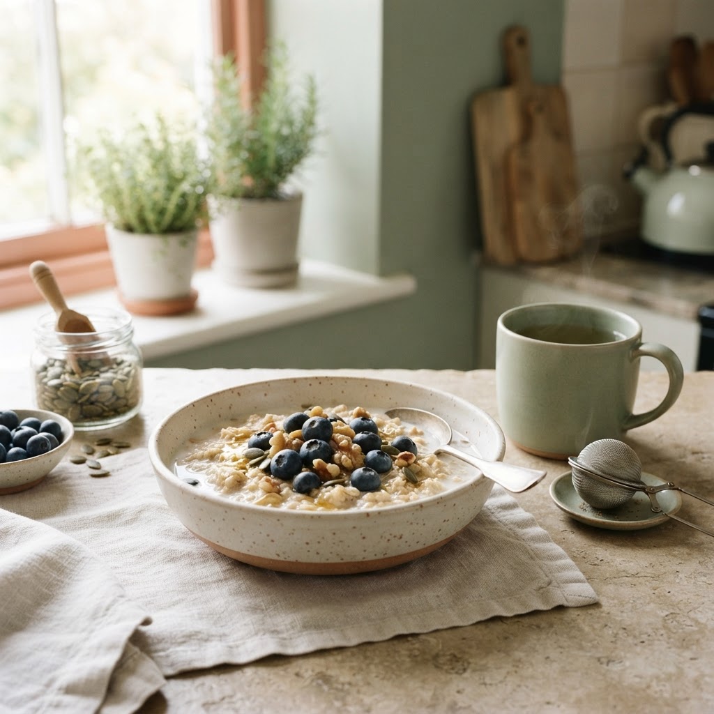 Breakfast bowl with blueberries, walnuts, pumpkin seeds, and green tea for perimenopause brain fog support