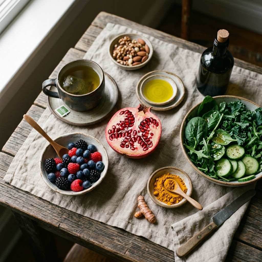 Anti-ageing foods — pomegranate, berries, green tea, olive oil