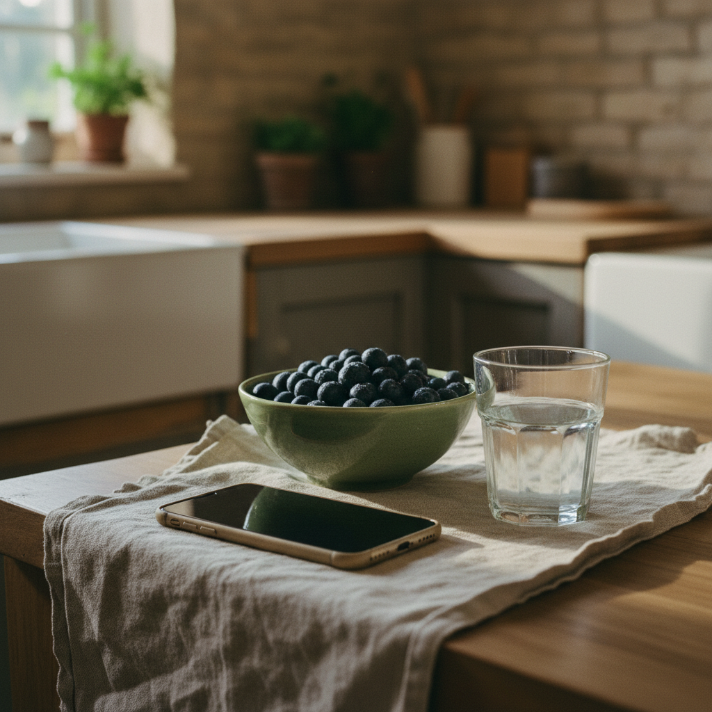 Phone resting on linen, beside a sage ceramic bowl of berries