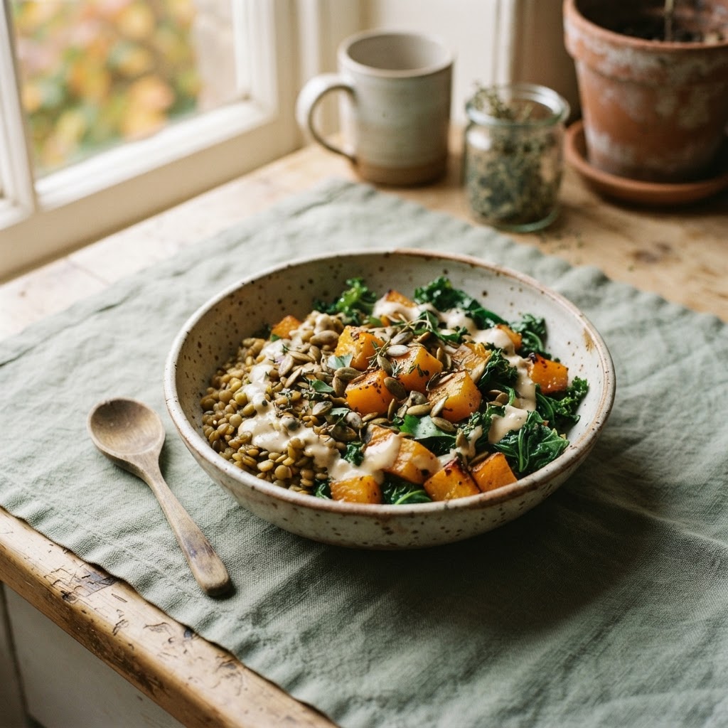 Autumn lentil bowl with squash, greens, pumpkin seeds, and tahini dressing for cycle-aware nutrition