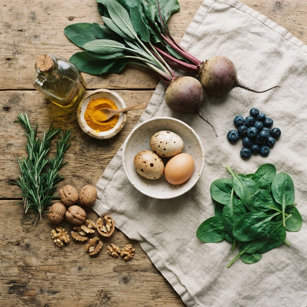 Eggs, walnuts, blueberries, spinach, beetroot, rosemary, and turmeric laid out for a fibre-rich perimenopause meal