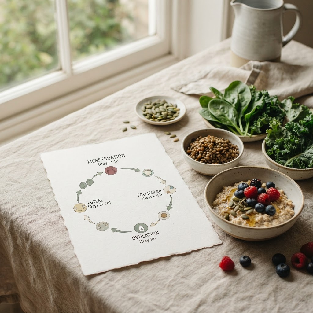 Cycle-aware nutrition still life with seasonal foods and a simple menstrual cycle chart