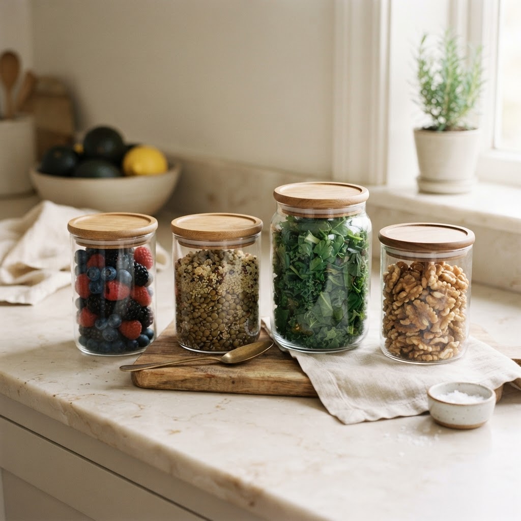 Prepared jars of berries, lentils, greens, and walnuts for a practical weekly nutrition routine