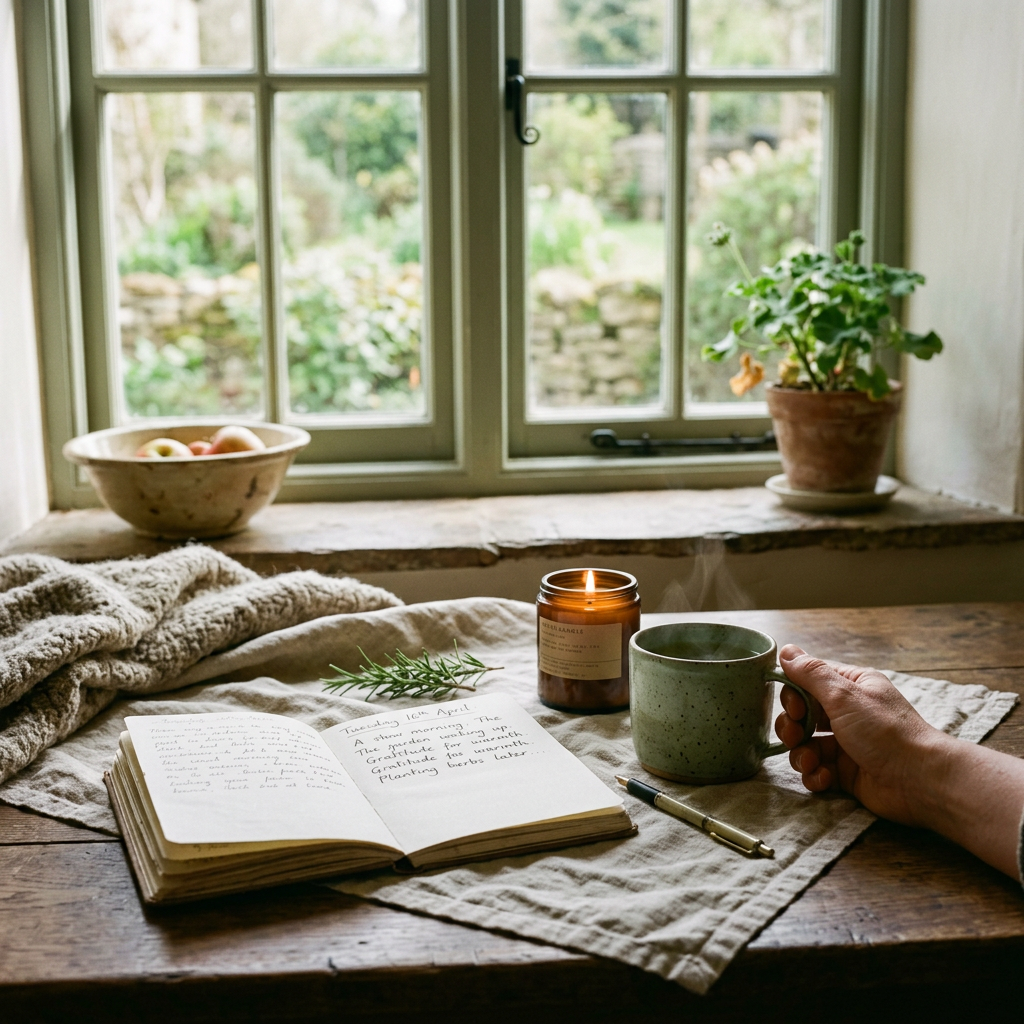 Morning wellness scene — journal, green tea and rosemary on a linen cloth in soft window light