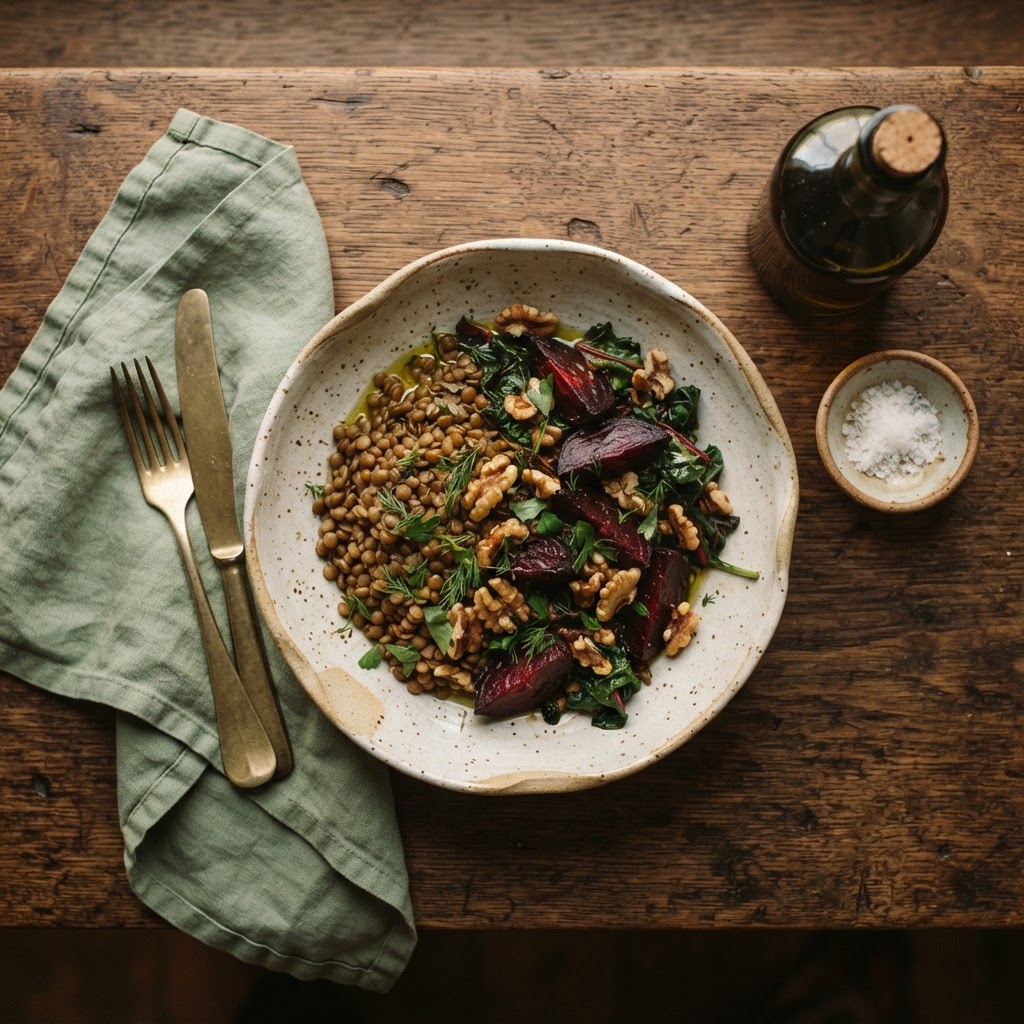 Lentils, beetroot, leafy greens, walnuts, and olive oil in a bowl for steady energy during perimenopause
