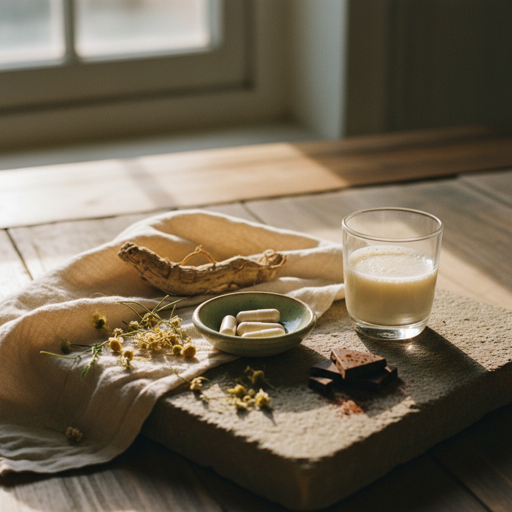 Apothecary-style flat lay with magnesium capsules, ashwagandha root, chamomile flowers and dark chocolate on a stone surface