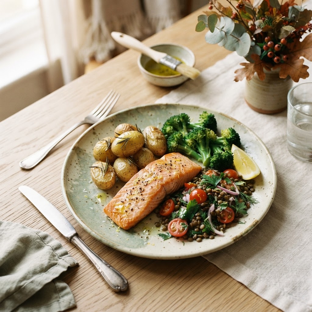 Autumn salmon, potatoes, broccoli, and lentils on a ceramic plate for nourishing cycle-aware eating