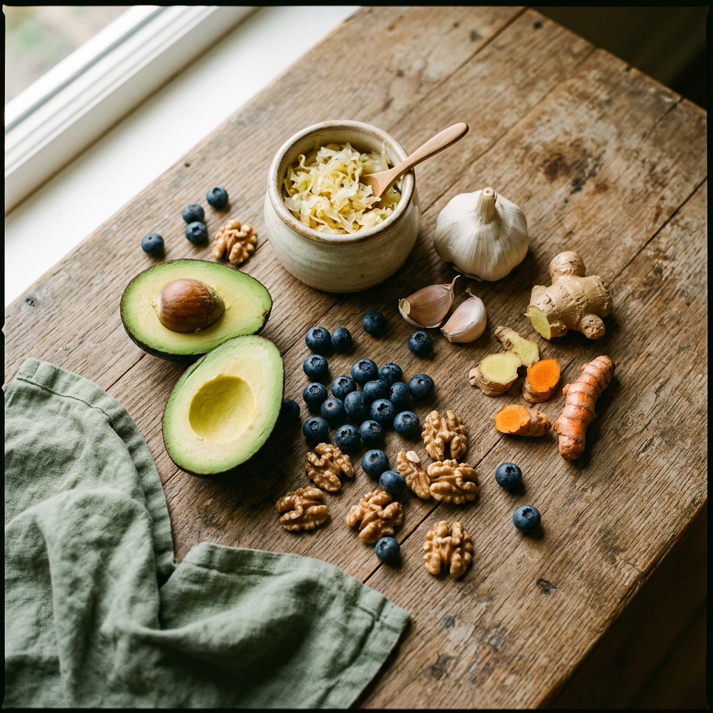 Gut health foods — sauerkraut, avocado, ginger, garlic