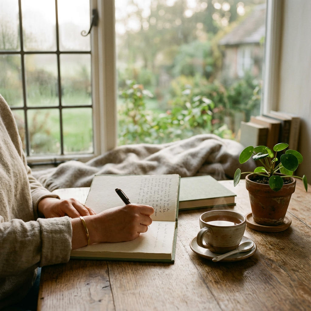 Morning journalling and herbal tea — stress management for brain fog