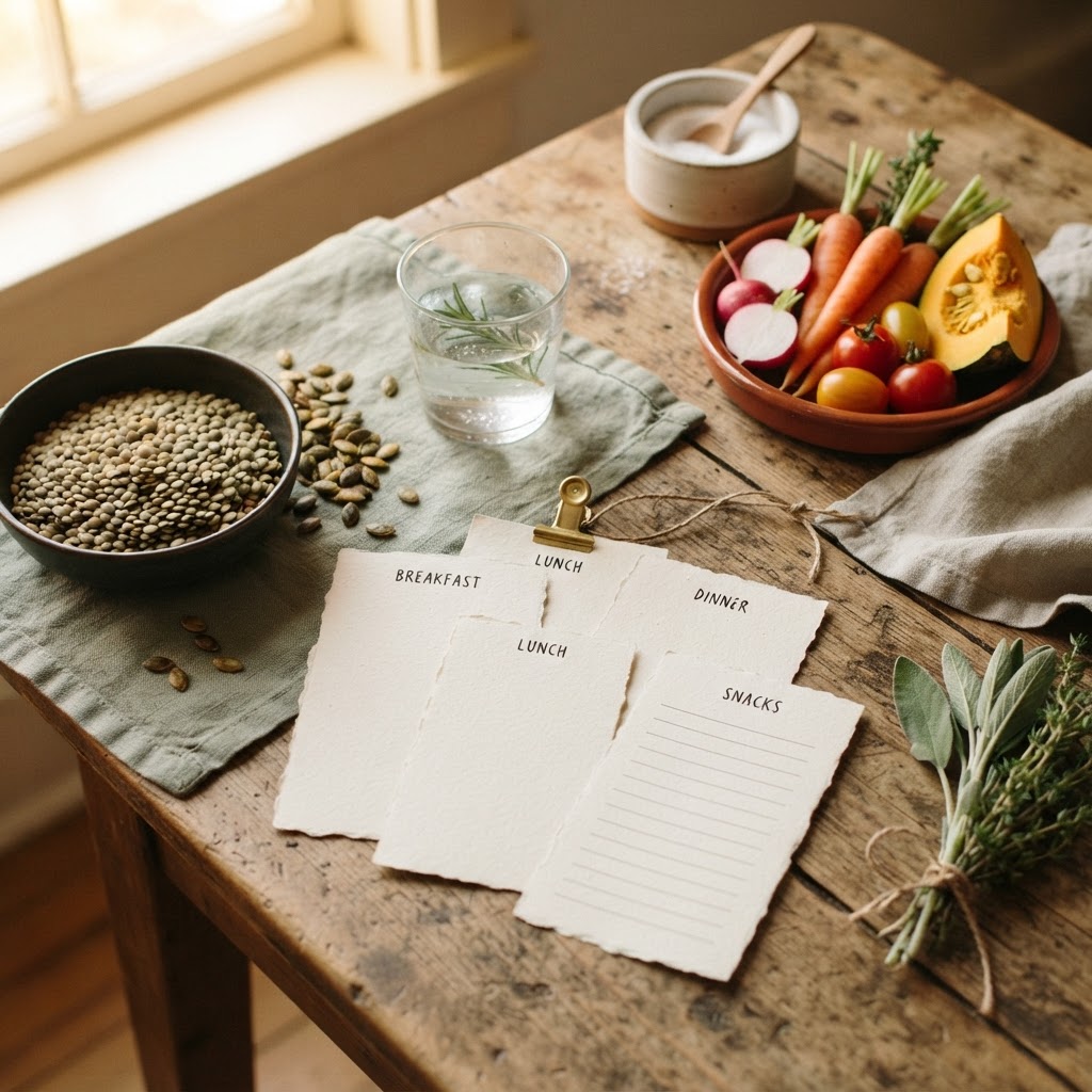 Seasonal vegetables, lentils, pumpkin seeds, and meal planning cards for cycle-aware nutrition