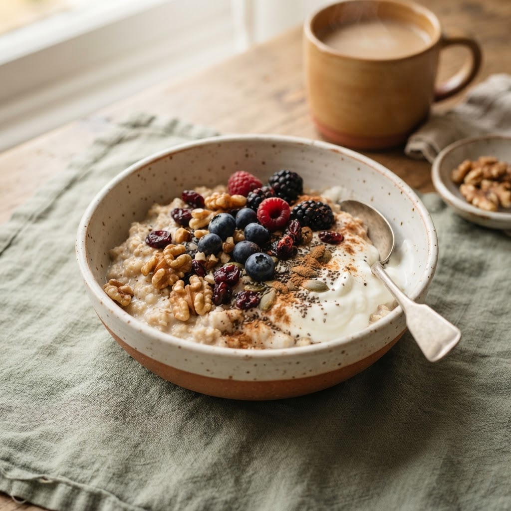 Autumn oat breakfast with yoghurt, berries, walnuts, and cinnamon for cycle-aware nutrition