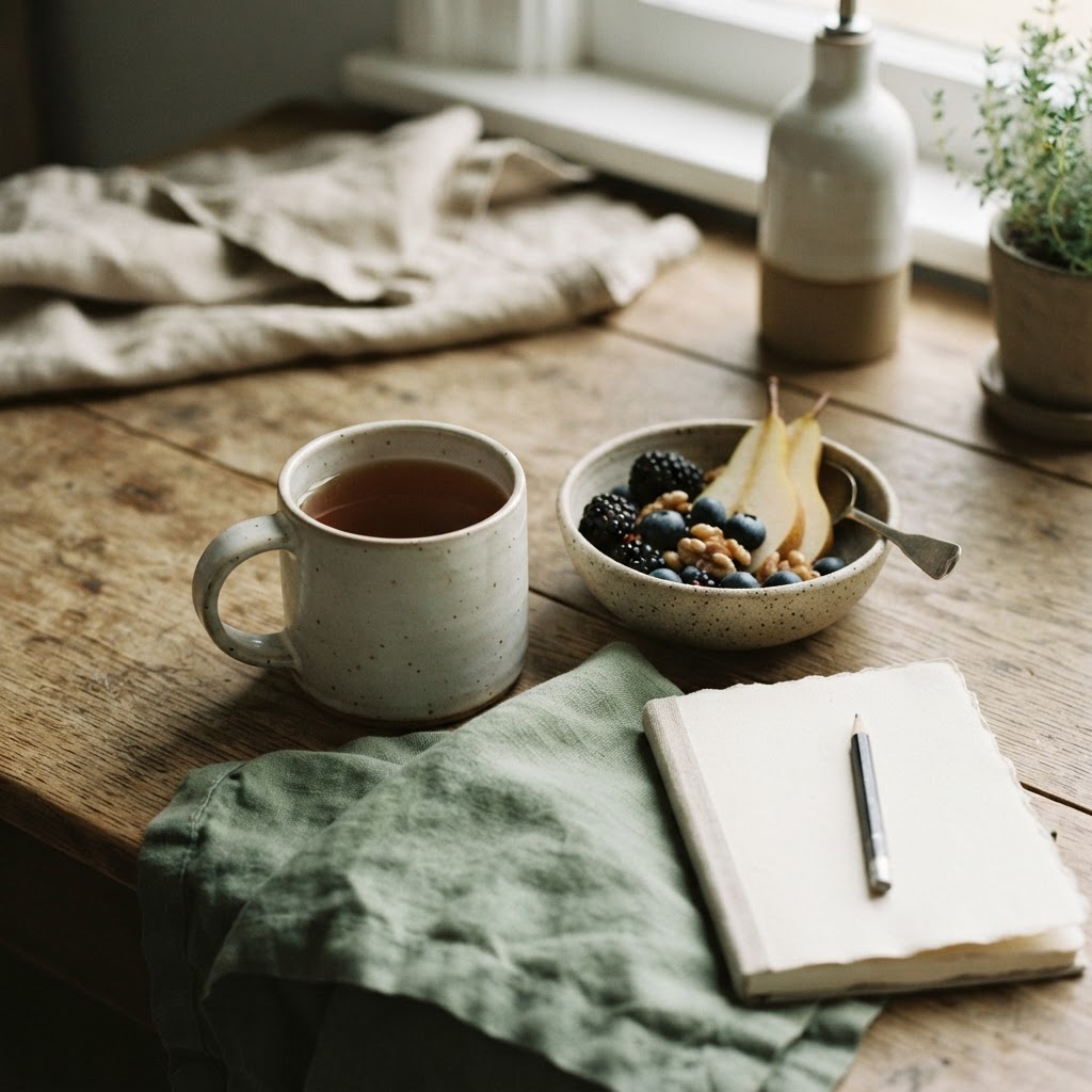 Notebook, mug, berries, walnuts, and pear arranged on an autumn kitchen table for a perimenopause brain fog audit