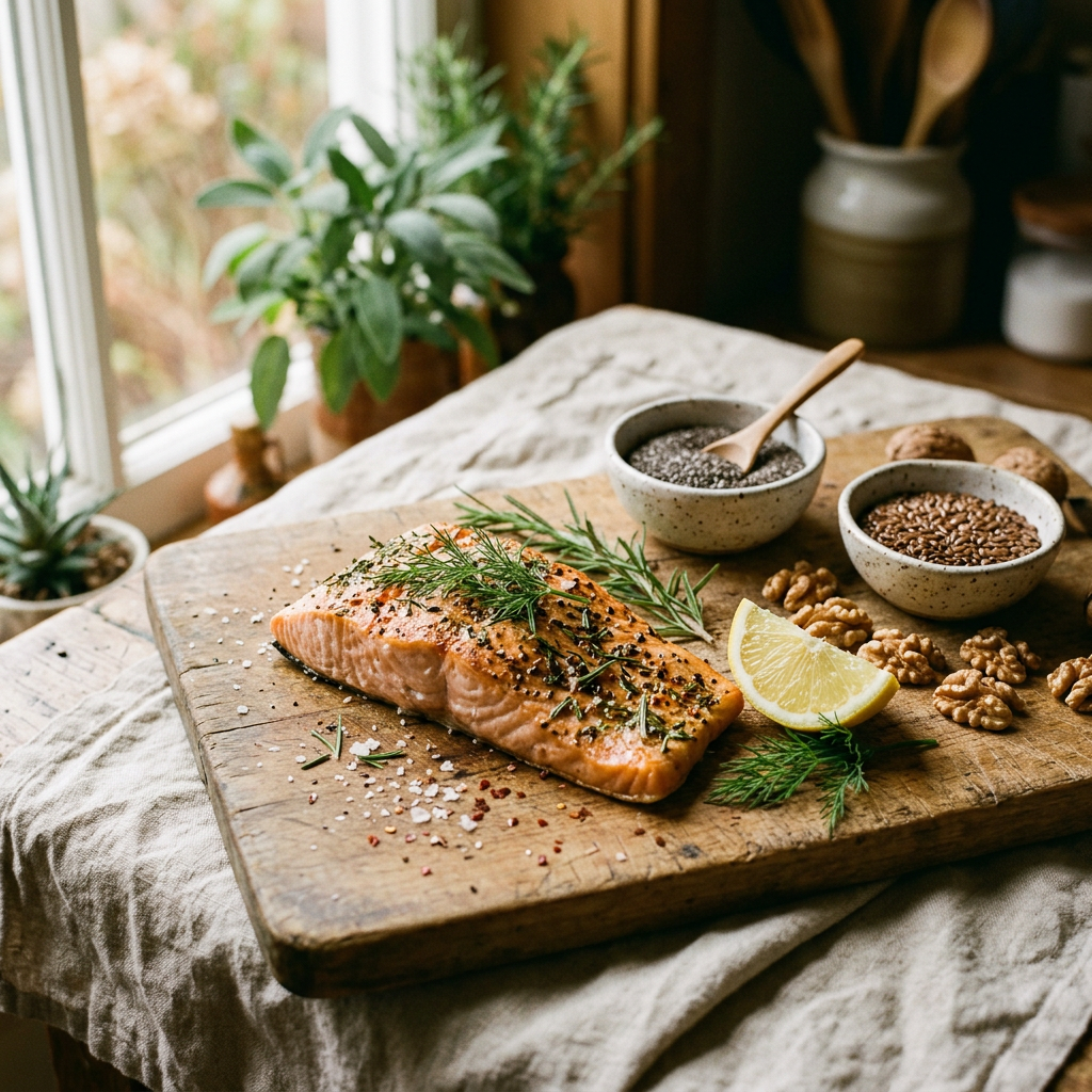 Omega-3 rich salmon with herbs and walnuts