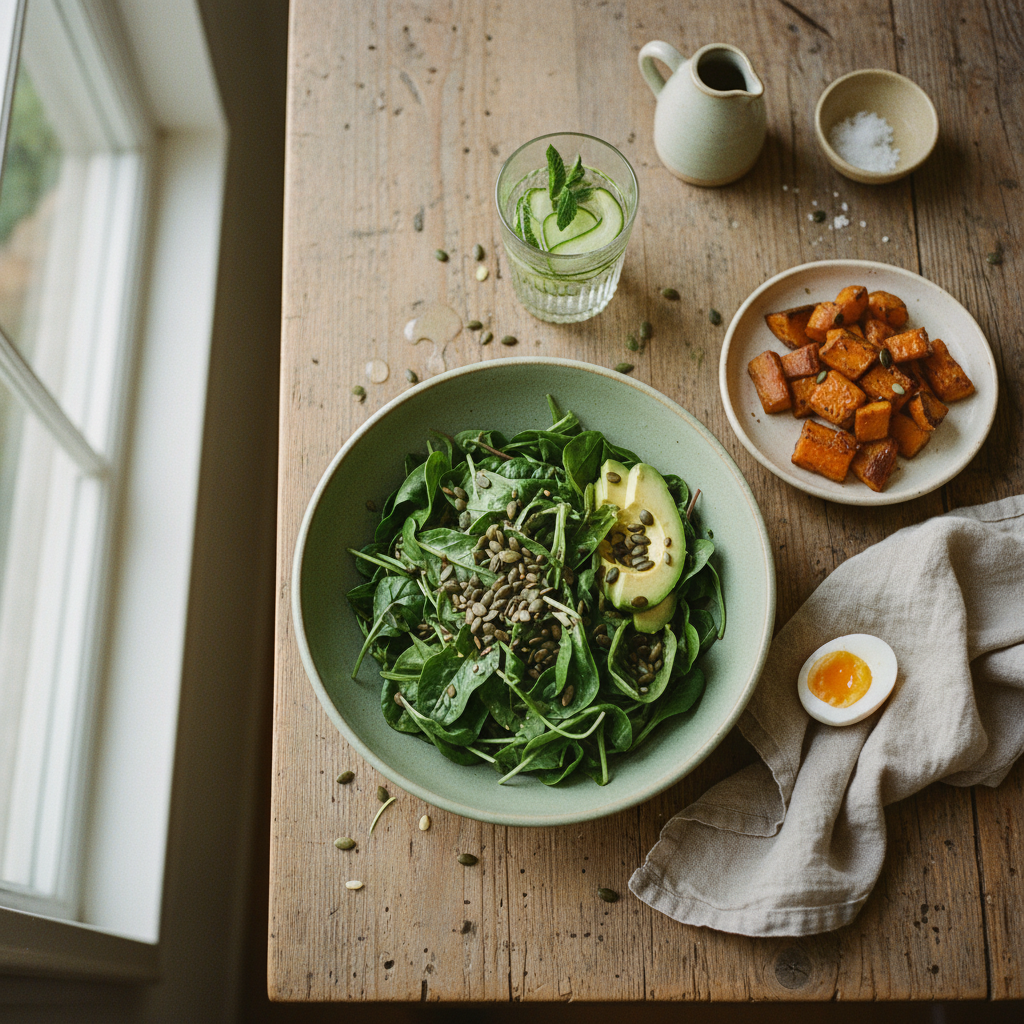Hormone-balancing lunch spread with leafy greens, avocado, roasted sweet potato and soft boiled egg on a rustic wooden table
