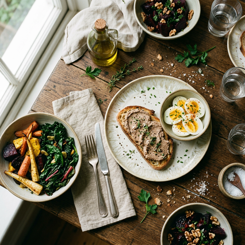 Flat lay of biological age reversal foods — dark leafy greens, eggs, beets and turmeric vegetables on a rustic wooden table