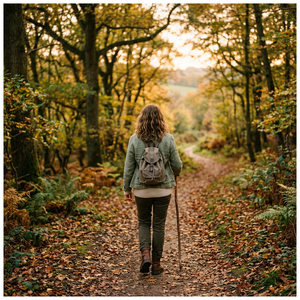Woman seen from behind walking a woodland path in golden autumn light, earth-toned clothing, Kent countryside