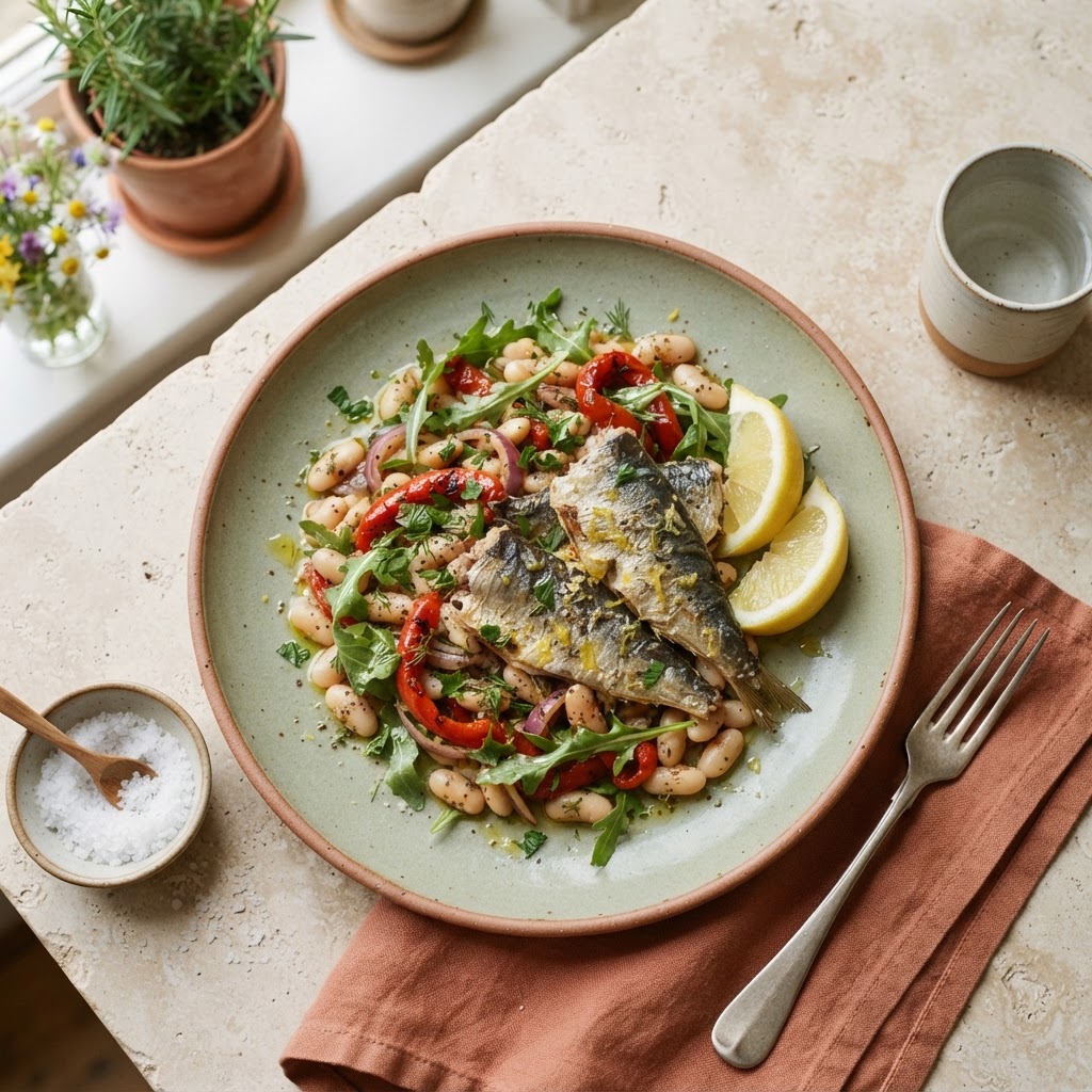 Sardines, white beans, rocket, peppers, olive oil, and lemon for a Mediterranean-style brain health lunch