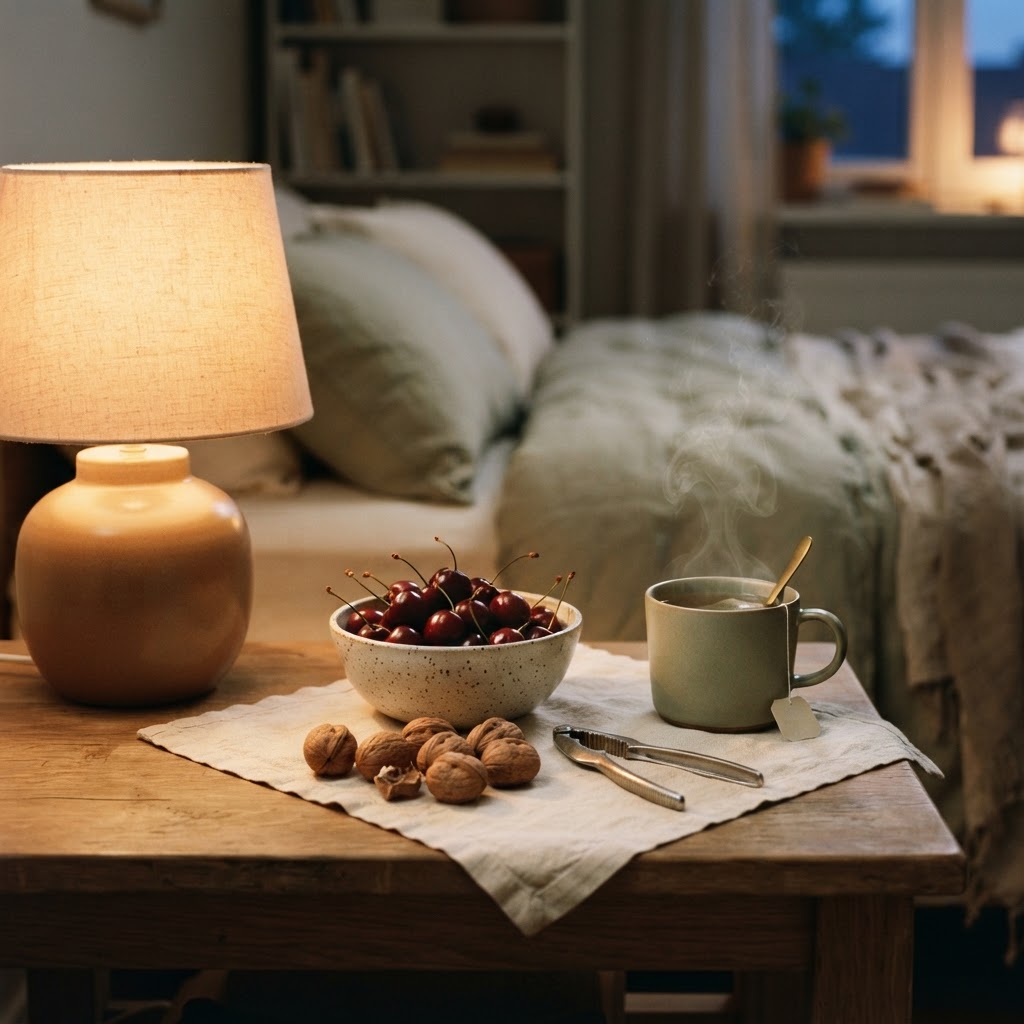 Cherries, walnuts, herbal tea, and a calm evening setting for sleep and perimenopause cognitive wellbeing