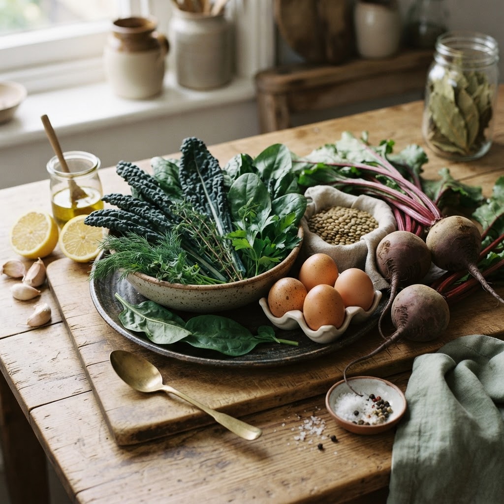 Leafy greens, eggs, lentils, beetroot, and herbs providing food-based nutrients for midlife brain health