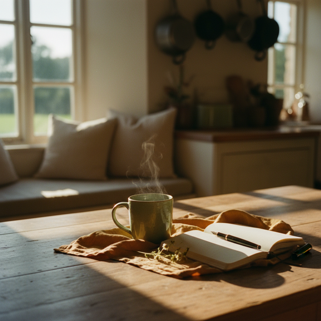 Ceramic mug of herbal tea on a worn wooden table beside an open journal in soft morning window light