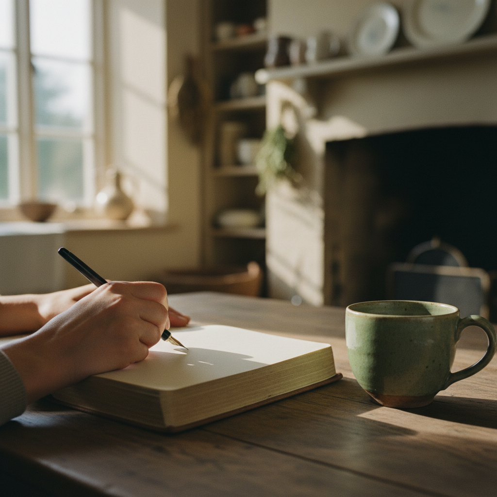 Hands writing in a hardback journal beside a sage ceramic teacup