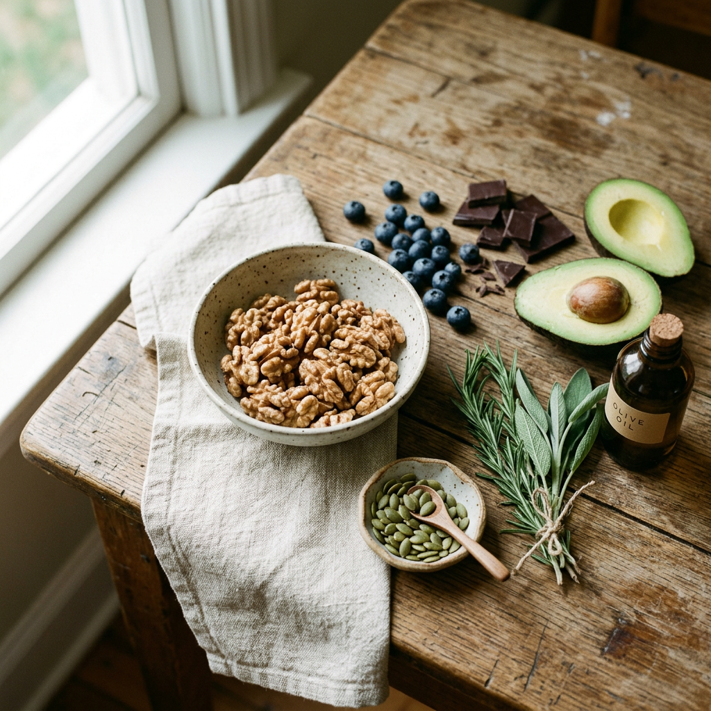 Brain-nourishing foods — walnuts, blueberries, dark chocolate, avocado