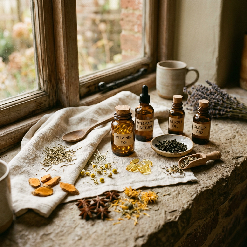 Apothecary-style flat lay with amber bottles, rosemary, turmeric root and green tea on a stone surface