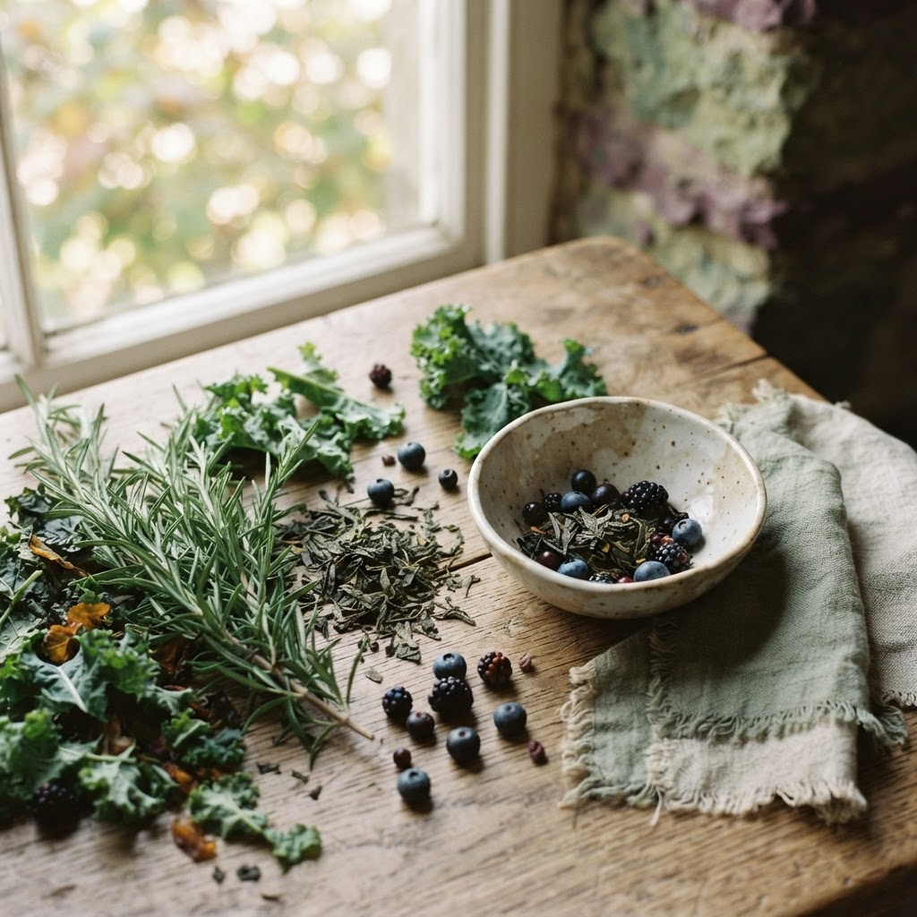 Rosemary, green tea leaves, kale, berries, and turmeric in a September still life for perimenopause nutrition
