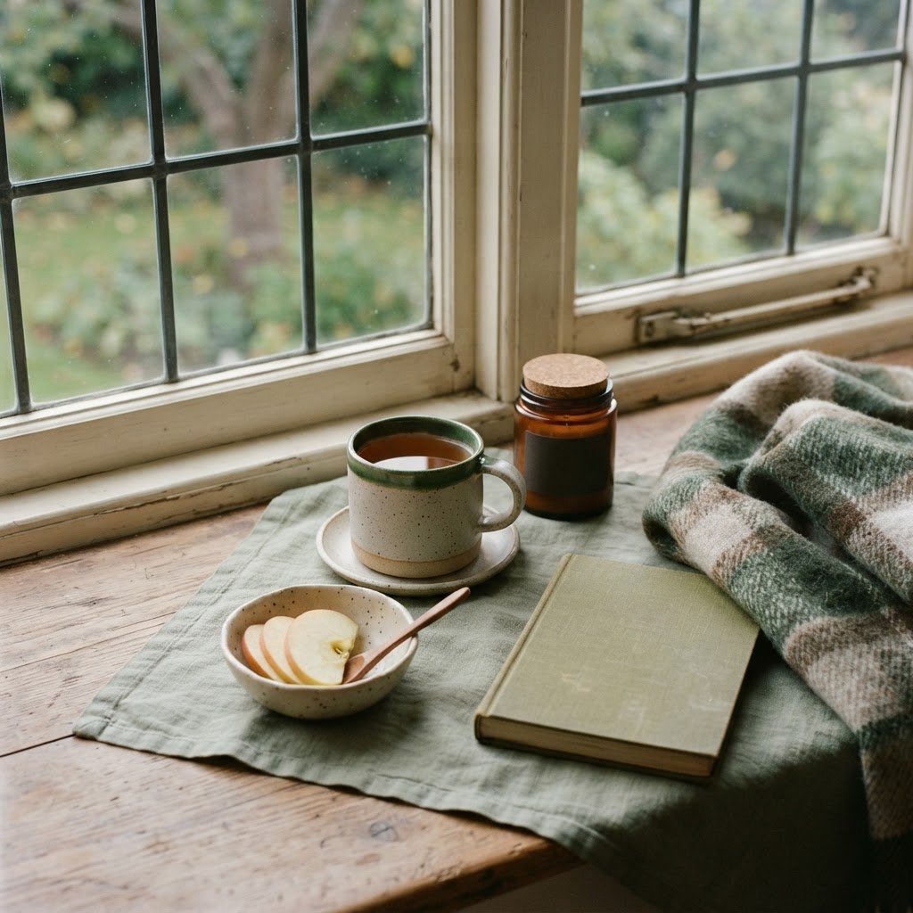 Calm September evening still life with a ceramic mug, apple, candle, and wool throw for a sleep routine