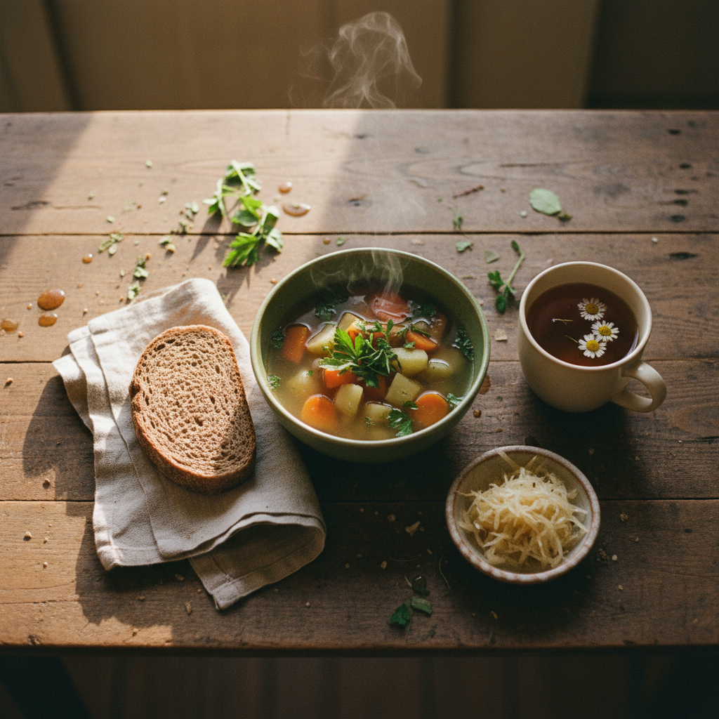 Restorative evening meal of bone broth soup with root vegetables, rye bread, sauerkraut and chamomile tea in warm amber light