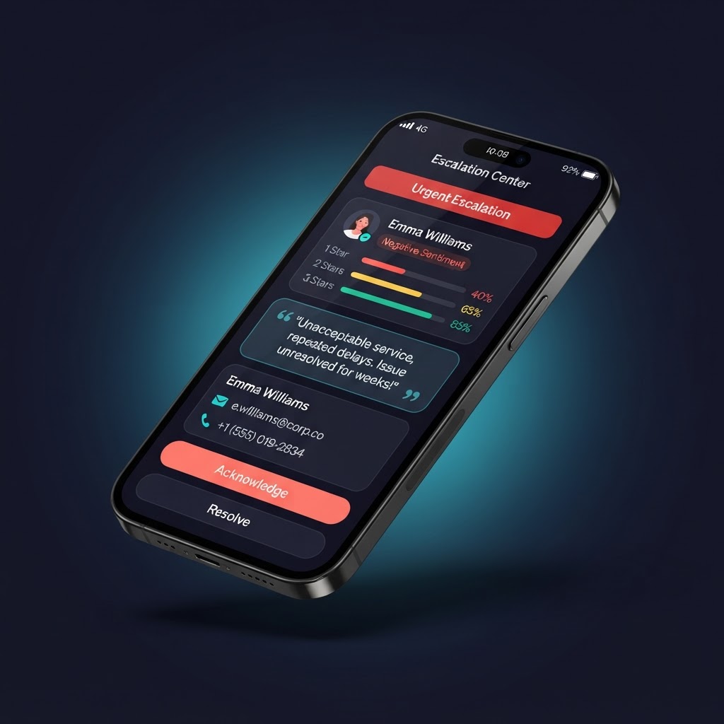 Mobile escalation alert showing a negative customer experience with full details