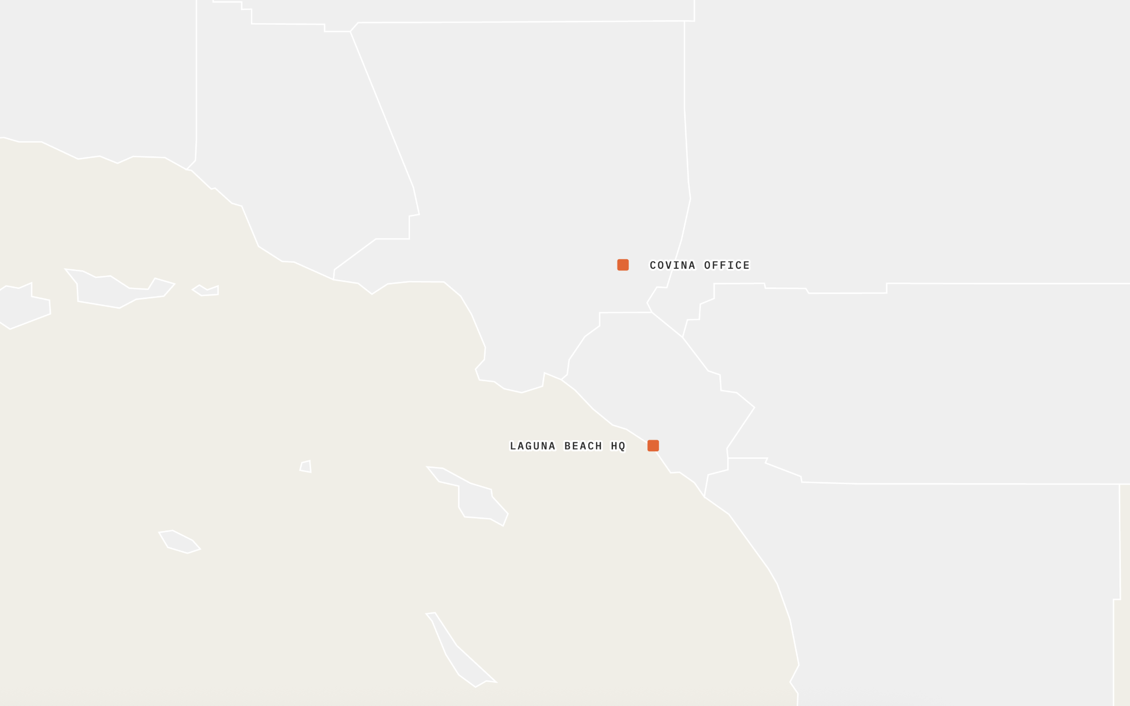 Map of Southern California showing the Covina office and Laguna Beach headquarters