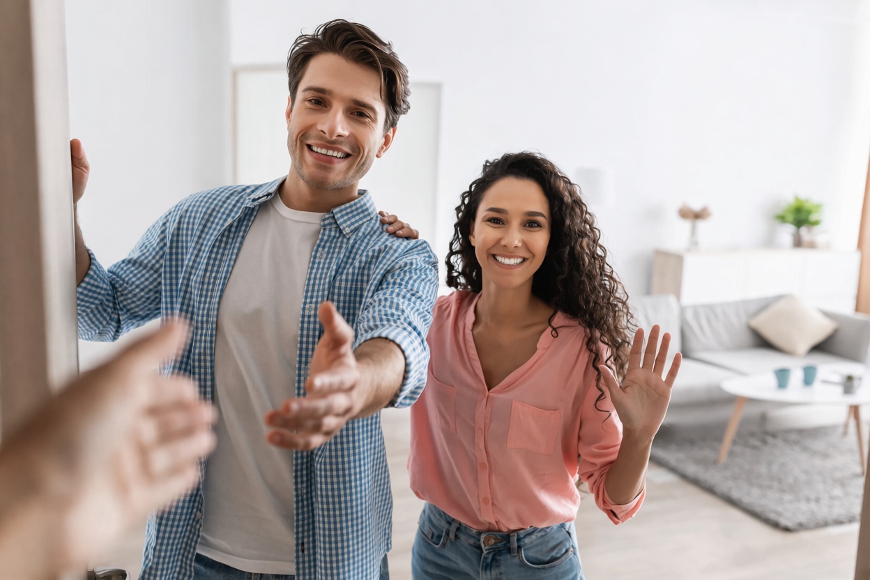 Residents welcoming a neighbor at their door