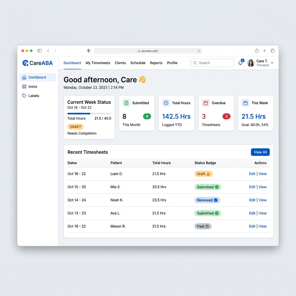 Employee dashboard showing current week status card, stat cards for total hours and submitted timesheets, and a list of recent weekly timesheets with status badges