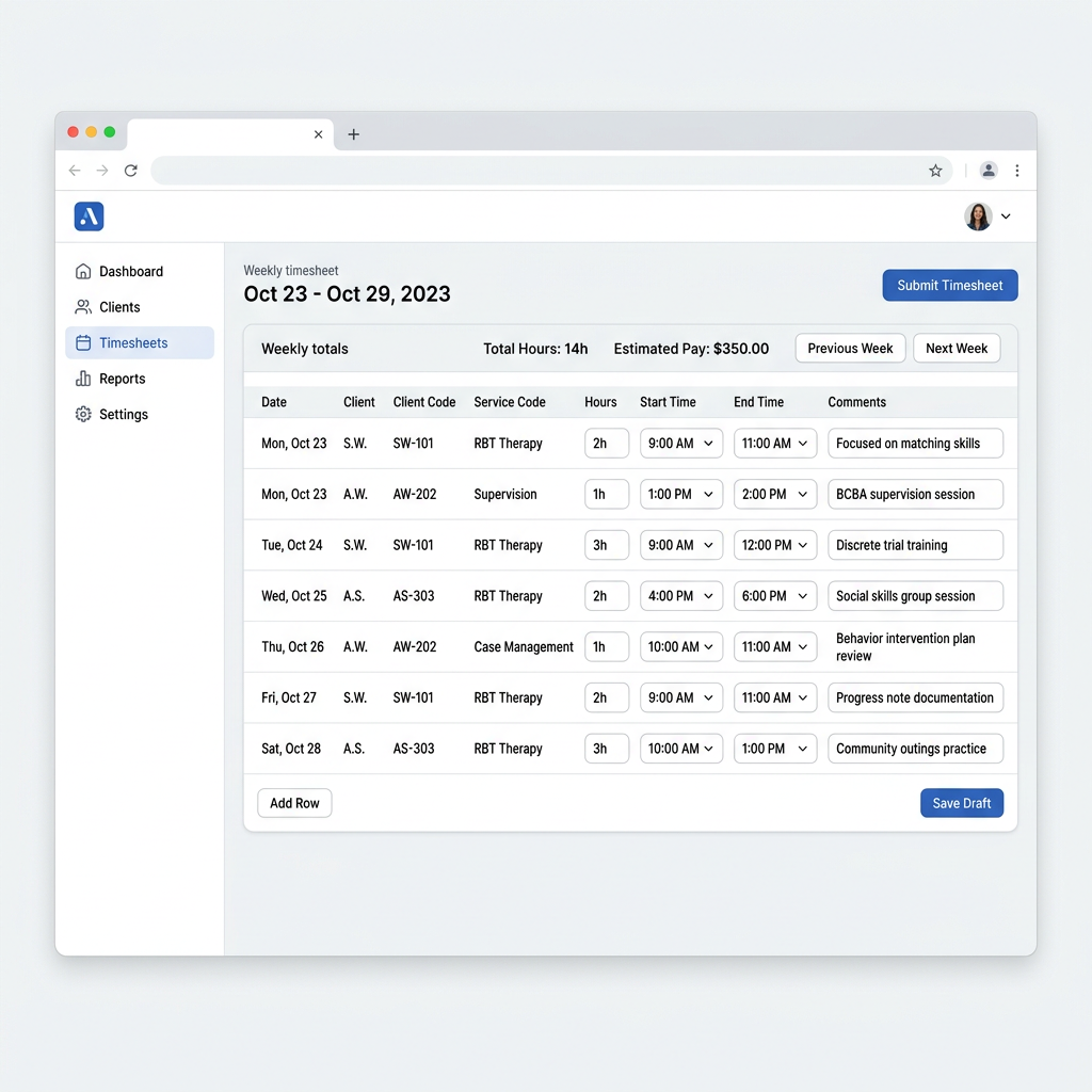 ABA Timesheet entry screen showing a weekly table with client session rows, service codes, AM/PM time selectors, and auto-calculated hours