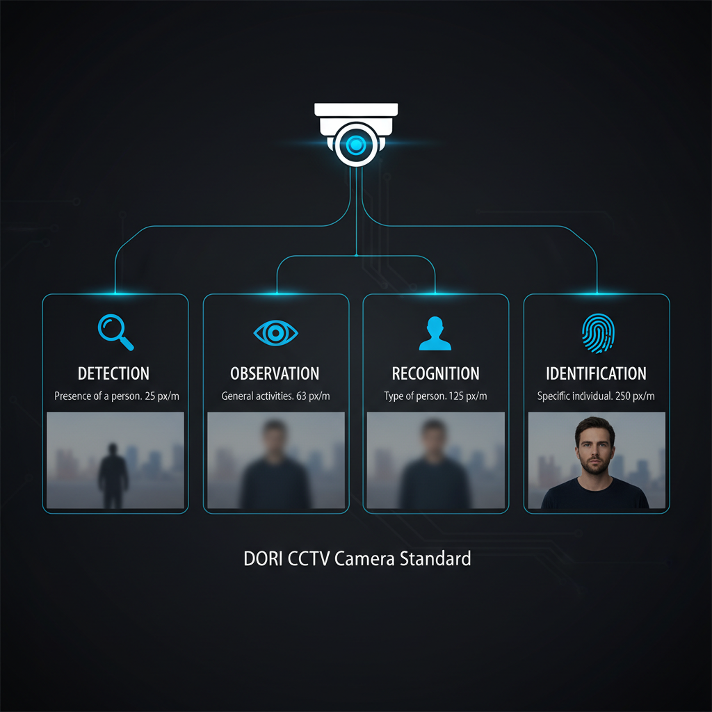 DORI standard diagram showing Detection, Observation, Recognition, and Identification levels with pixel density requirements