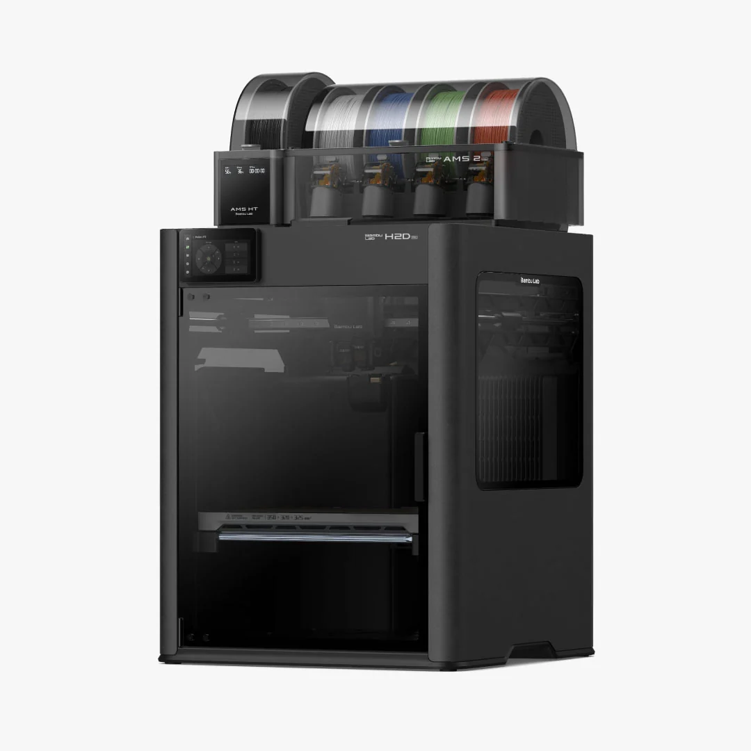 Bambu Lab H2D Pro Combo 3D printer with AMS 2 Pro and AMS HT filament units on top, enclosed build chamber and touchscreen