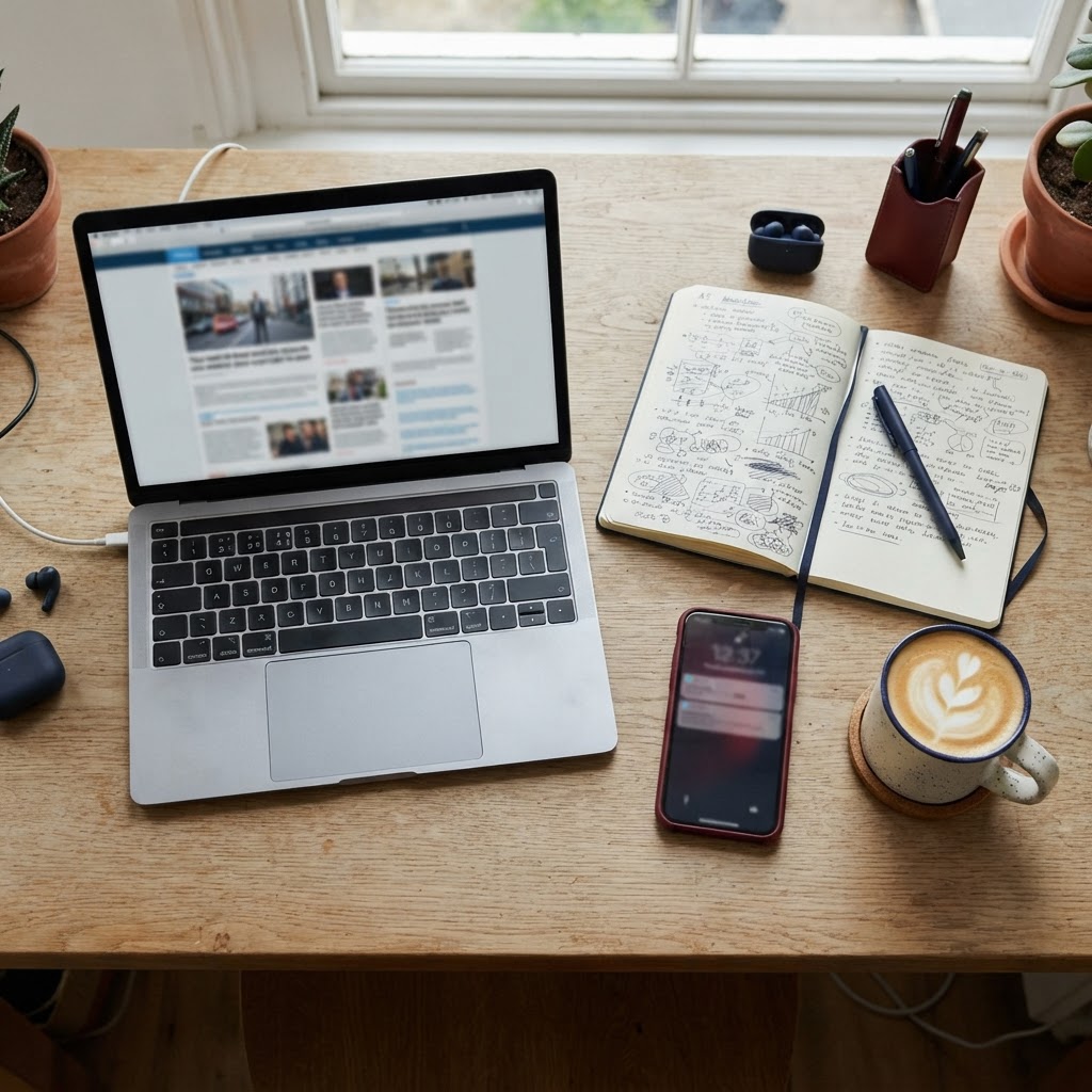 Laptop open to a news article beside a notebook of handwritten notes, a phone and a coffee
