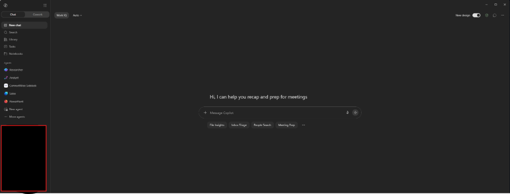Microsoft 365 Copilot interface with a sidebar listing built-in agents such as Researcher, Analyst, PowerPoint and Sales, and a central prompt offering to recap and prep for meetings with action chips for File Insights, Inbox Triage, People Search and Meeting Prep.