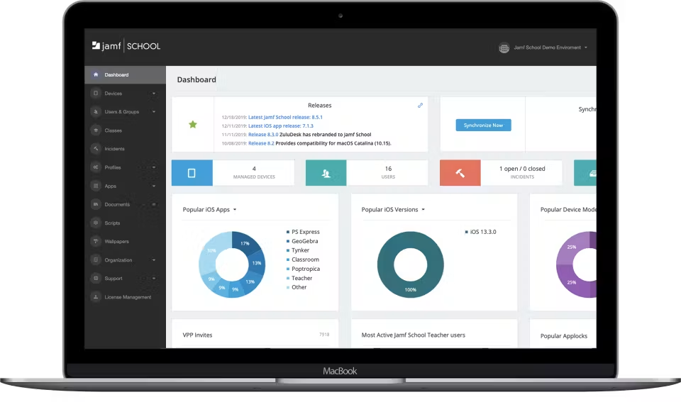 Jamf School admin dashboard on a MacBook showing managed device counts, user numbers, open incidents and charts of popular iOS apps and versions