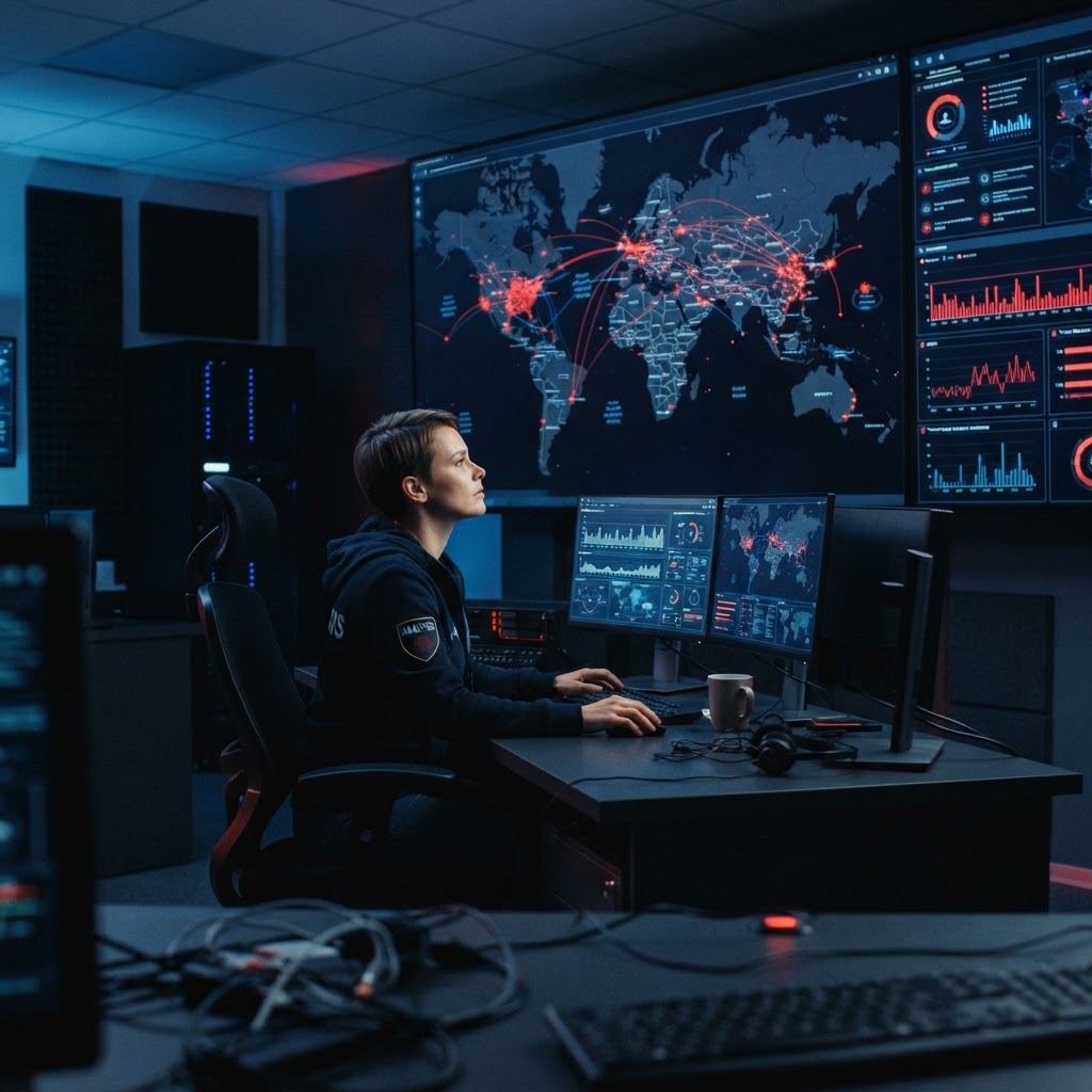 Analyst watching attack paths on a world map in a security operations room